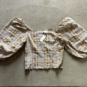 Anthropologie Orange and White Gingham Smocked Plaid Flirty Puff Sleeve Top K3